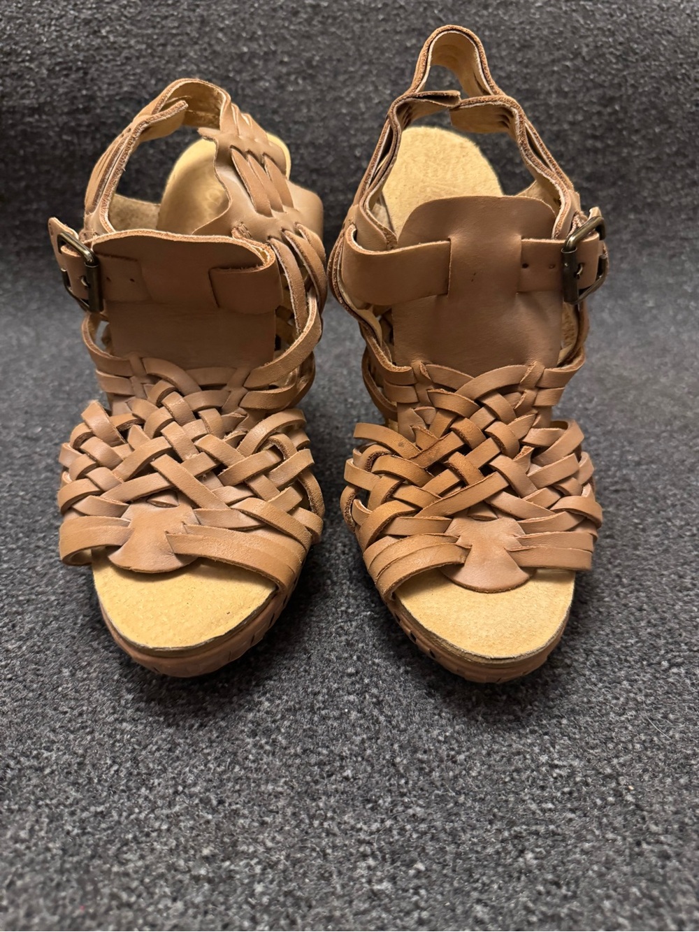 Naughty Monkey Tan Woven Leather Cage Platform Heeled Sandals Size 8 - Picture 3 of 11